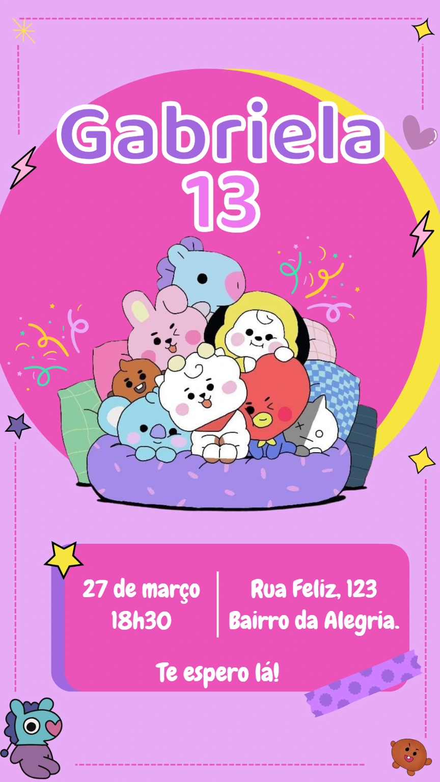 Convite de Aniversário BT21 K-pop para Editar Online