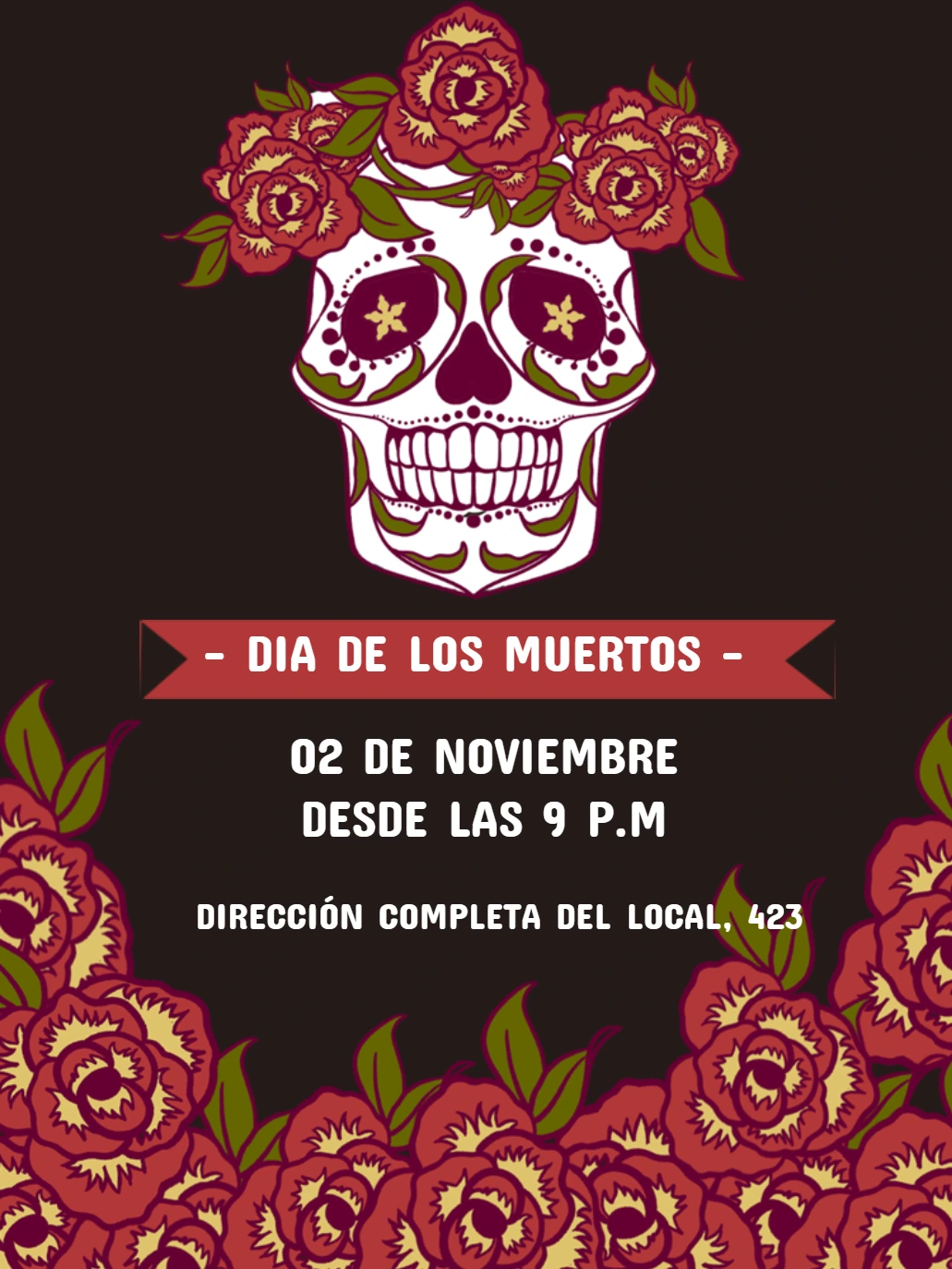 Invitación Día de los Muertos con Calavera para Editar Online
