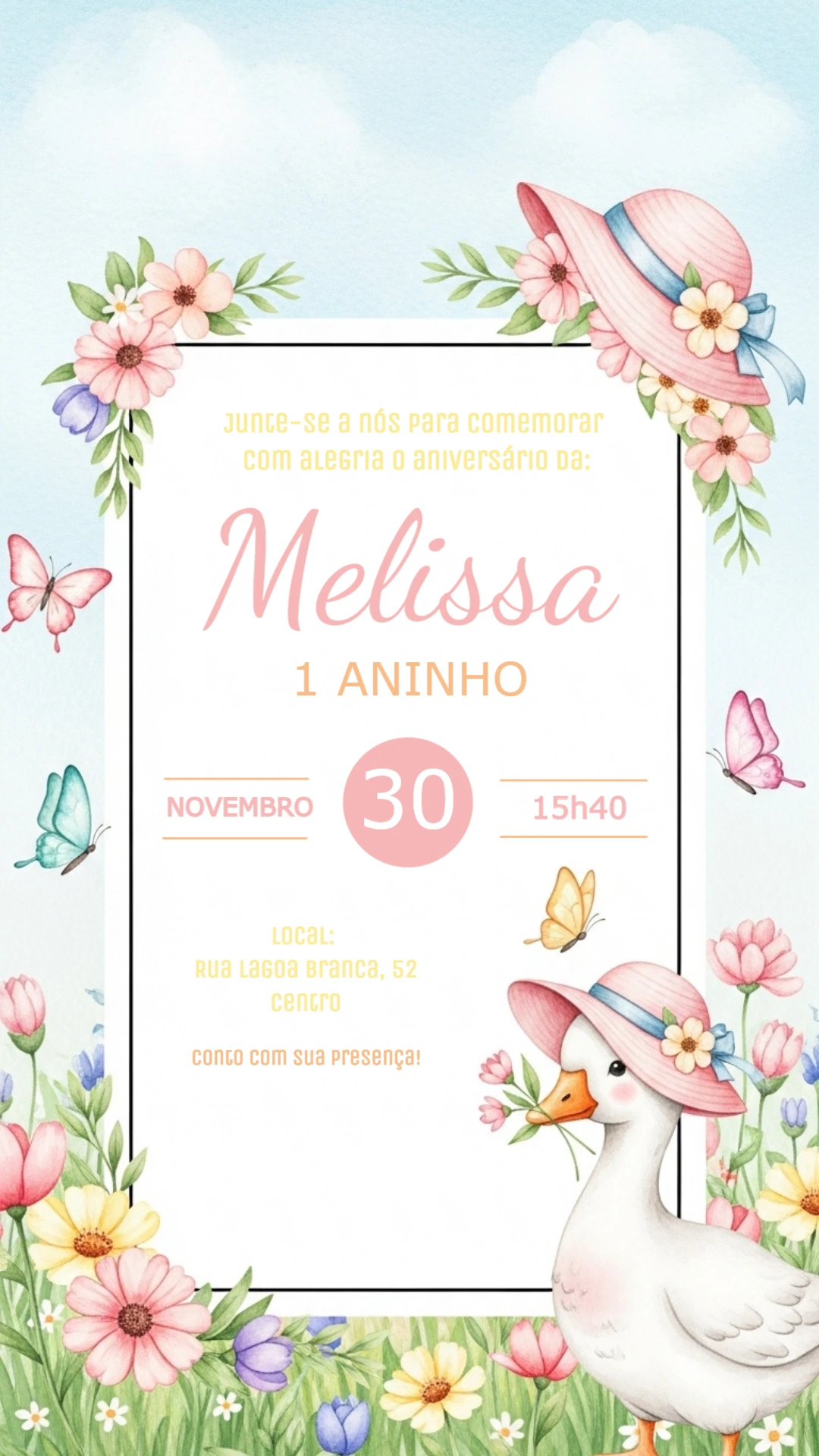 Convite de Aniversário Ganso e Flores para Editar Online