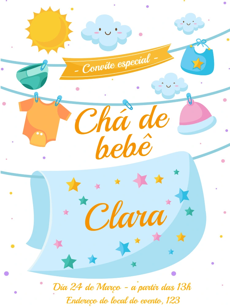 Convite Chá de Bebê Roupinhas no Varal para Editar Online