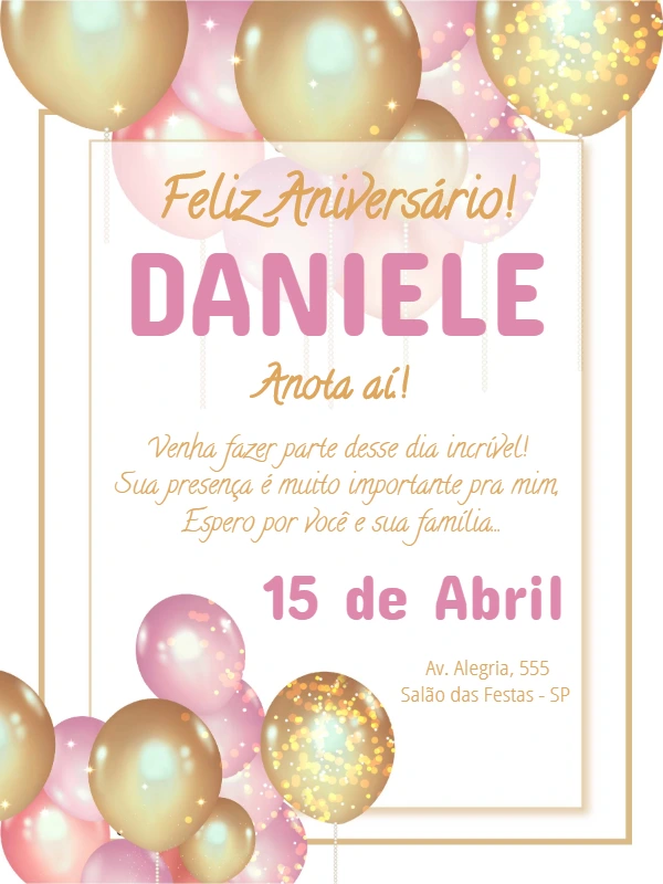 Convite de Aniversário com Balões Rosa e Dourado para Editar