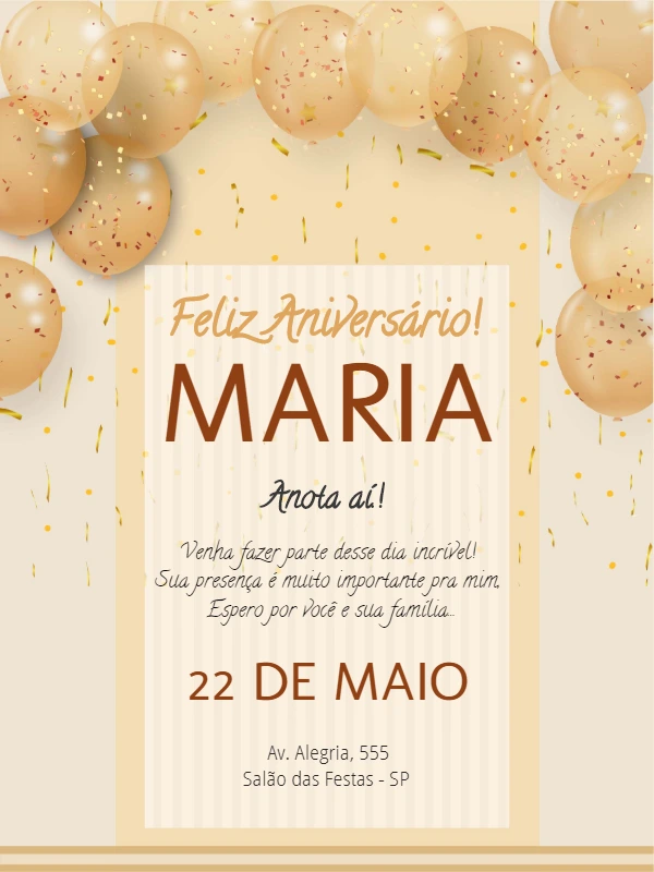 Convite de Aniversário com Balões Dourados para Editar Online