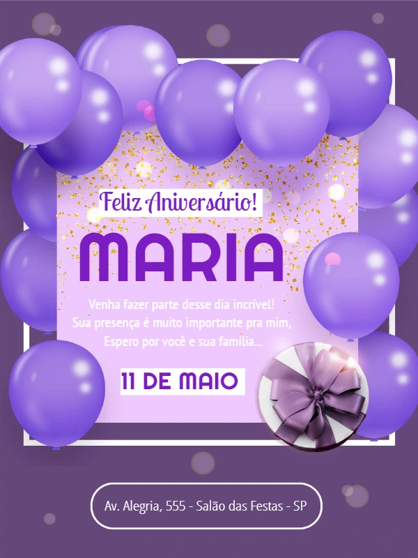Convite de Aniversário Roxo com Balões para Editar Online