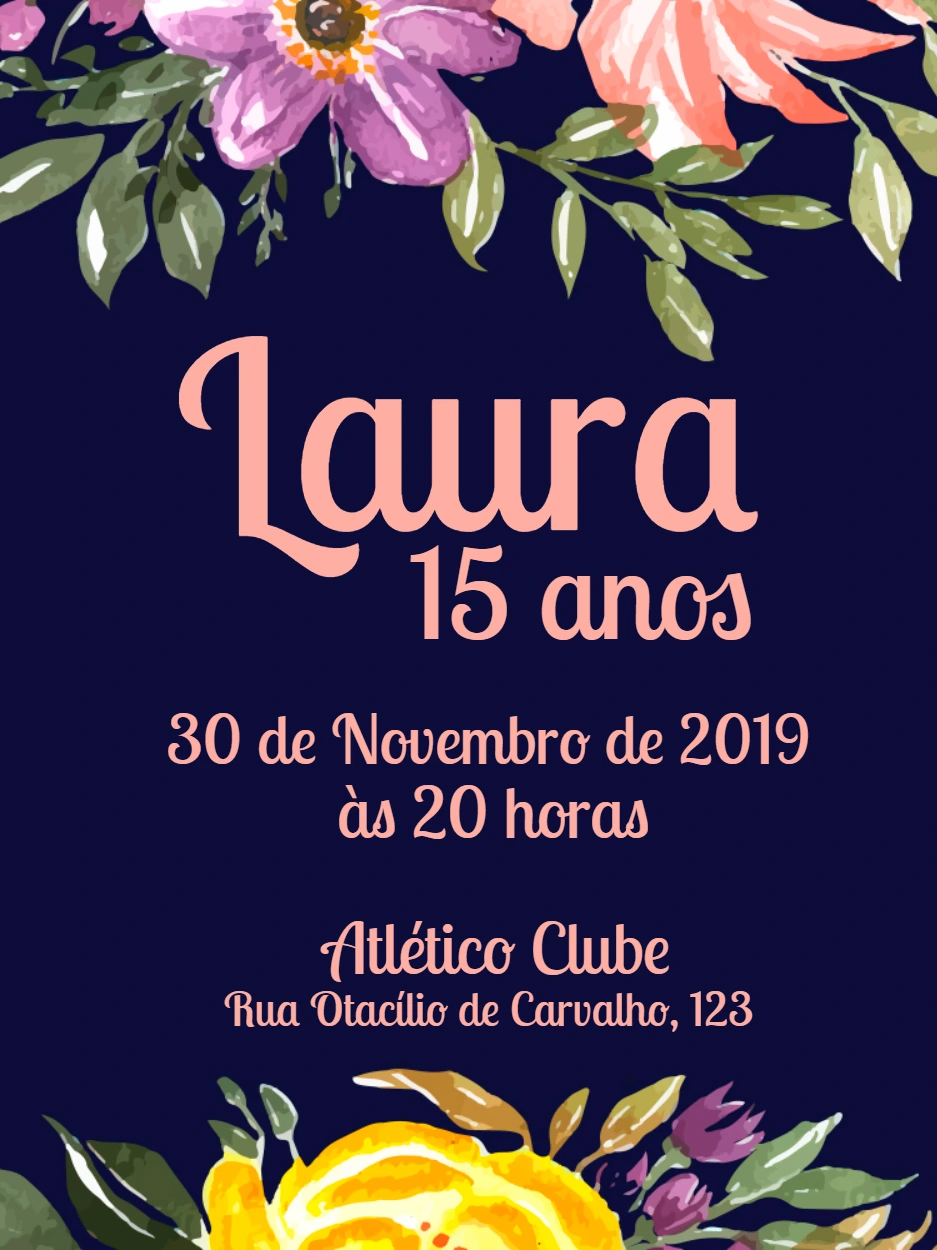 Convite Aniversário 15 anos Floral para Editar Online