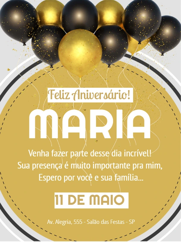 Convite de Aniversário Balões Preto e Dourado para Editar