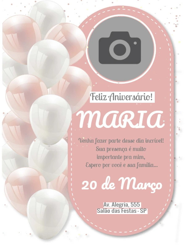Convite de Aniversário Balões com Foto para Editar Online