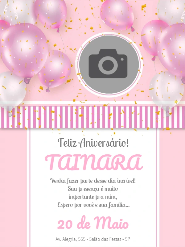 Convite de Aniversário Balões Rosa com Foto para Editar Online