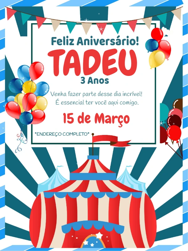 Convite de Aniversário Circo com Tenda para Editar Online