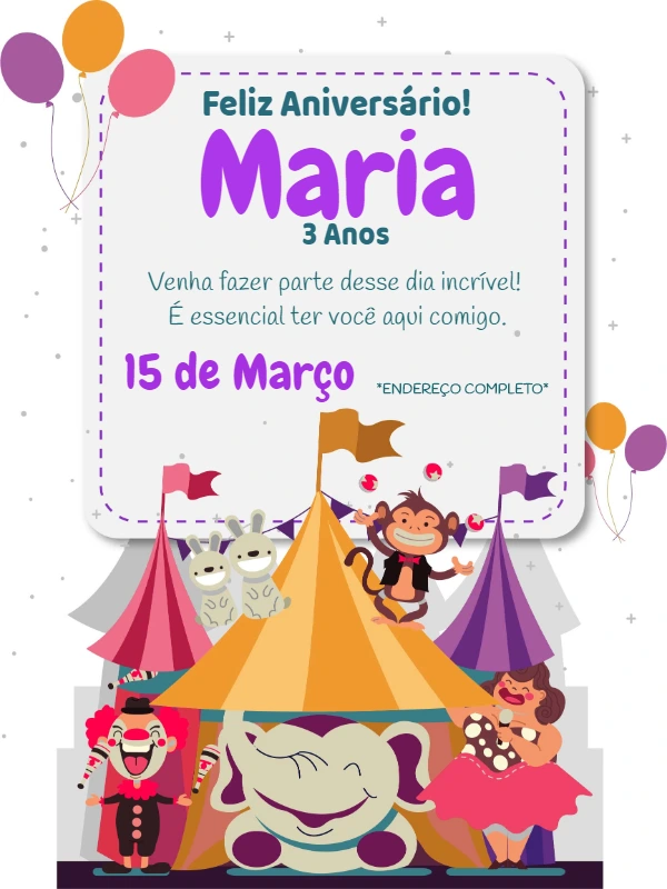 Convite de Aniversário Circo com Personagens para Editar Online