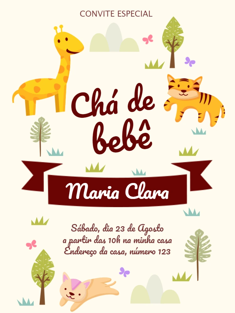 Convite Chá de Bebê Safari com Animais Fofos para Editar Online
