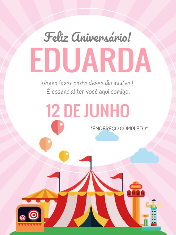 Convite de Aniversário Circo Rosa para Editar Online