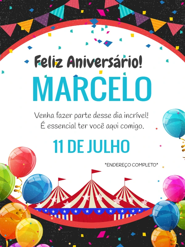 Convite de Aniversário Circo com Tenda e Balões para Editar