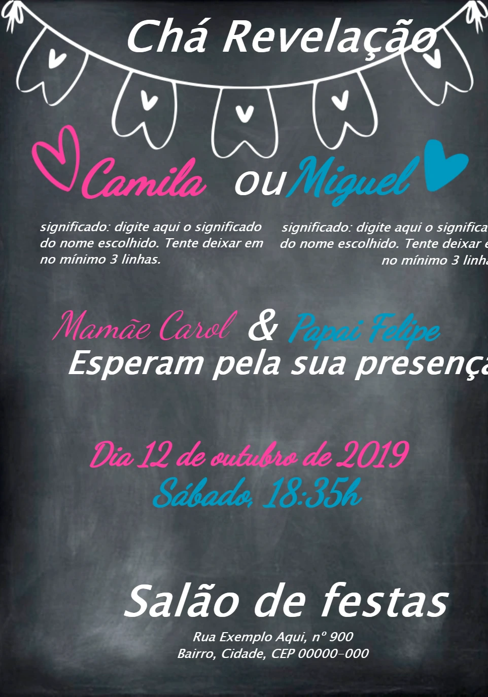 Convite Chá Revelação Lousa para Editar Online e Imprimir