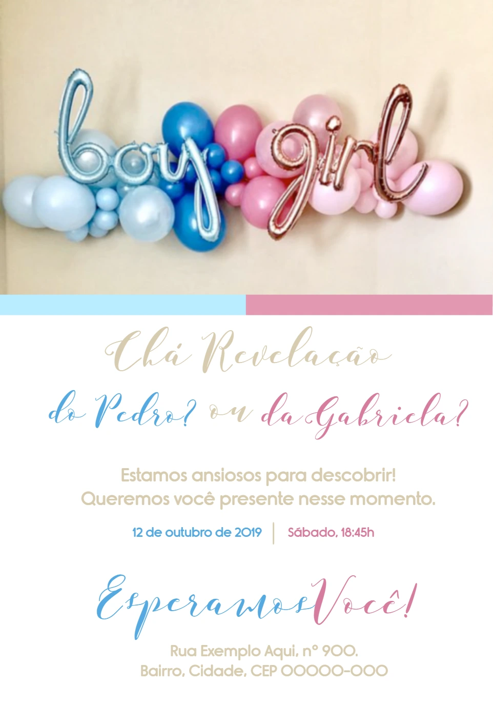 Convite Chá Revelação Balões Menino ou Menina para Editar Online