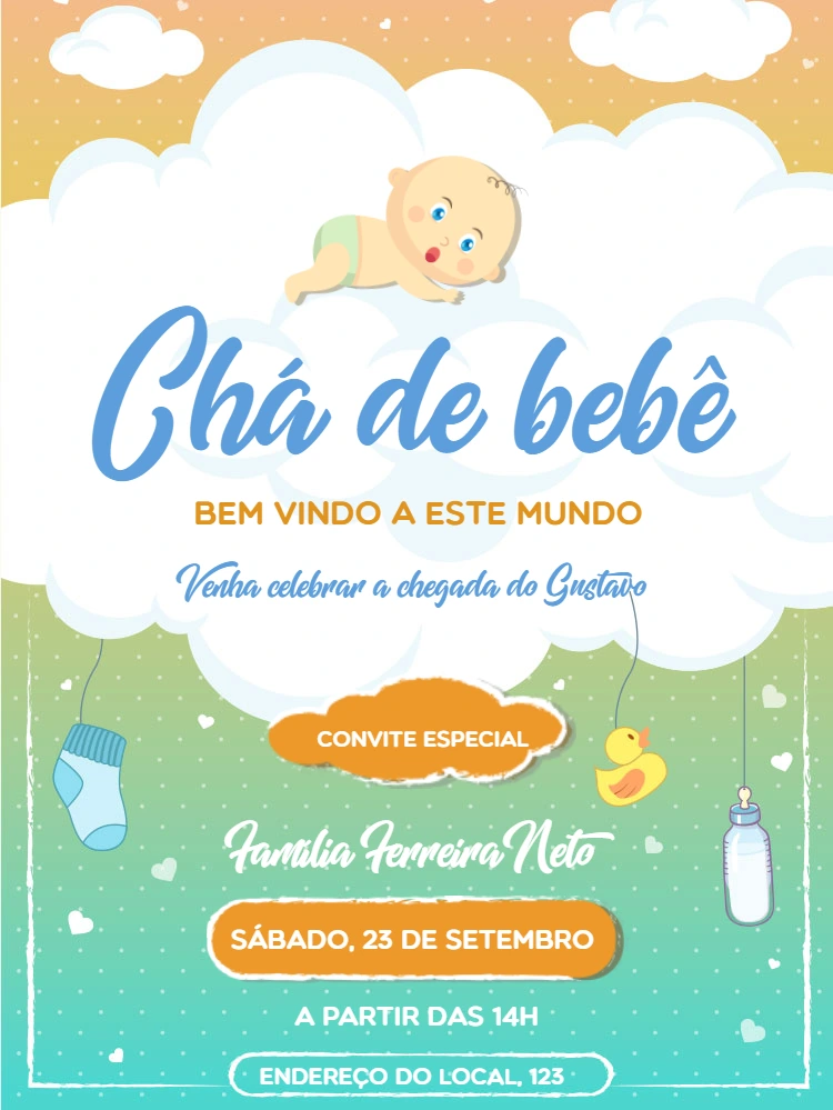 Convite Chá de Bebê Menino com Nuvens para Editar Online