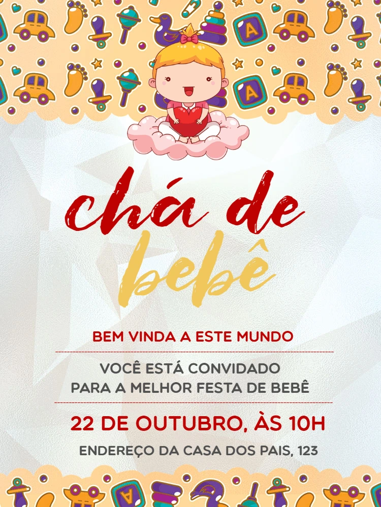 Convite Chá de Bebê Menina com Brinquedos para Editar Online