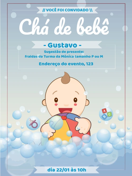 Convite Chá de Bebê Menino Azul com Bolhas para Editar Online