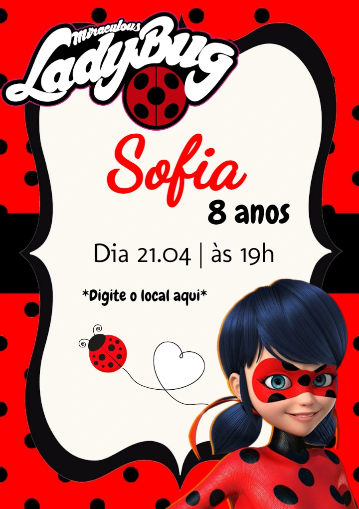Convite de Aniversário Ladybug Miraculous para Editar Online