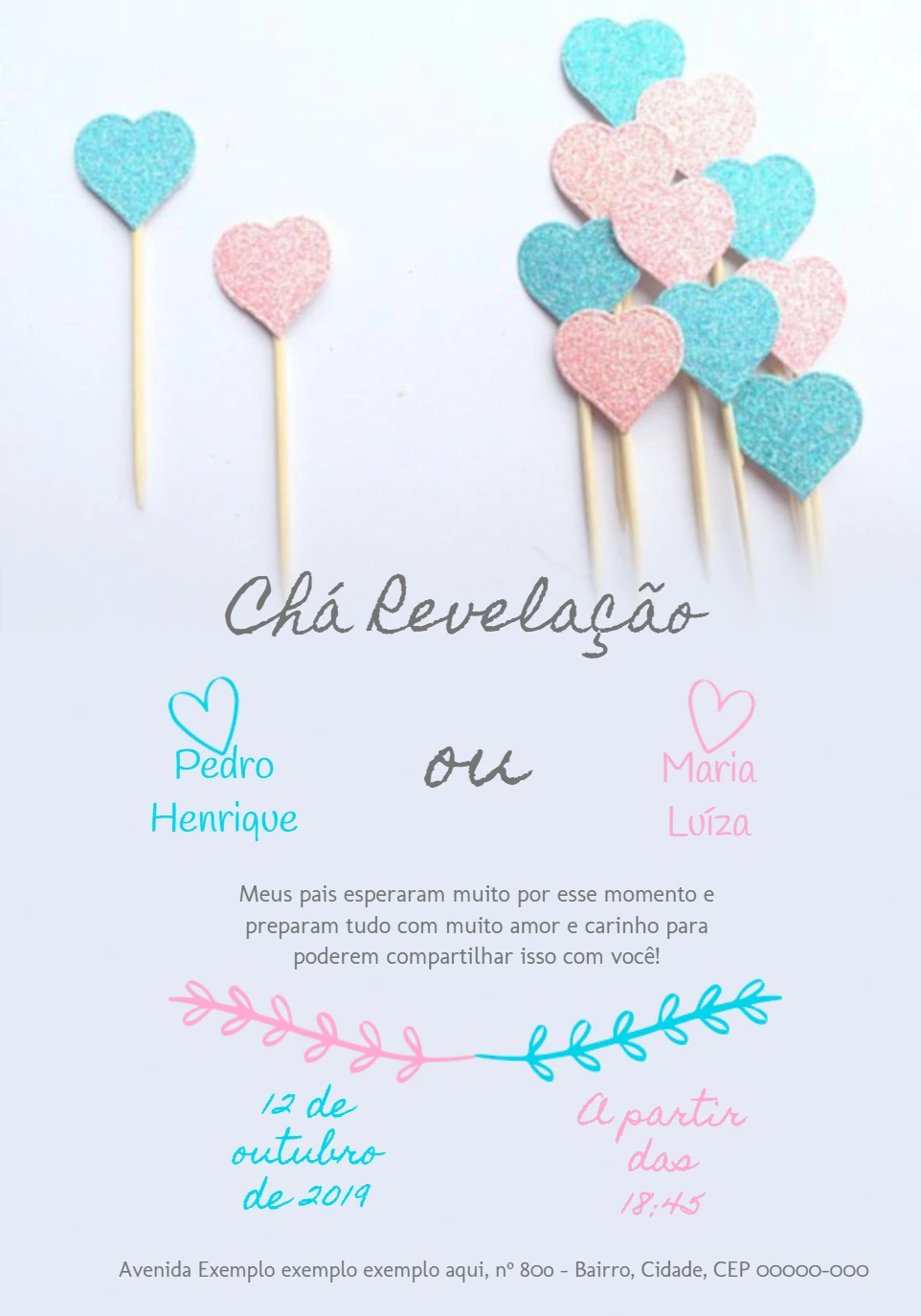 Convite Chá Revelação Corações de Glitter para Editar Online