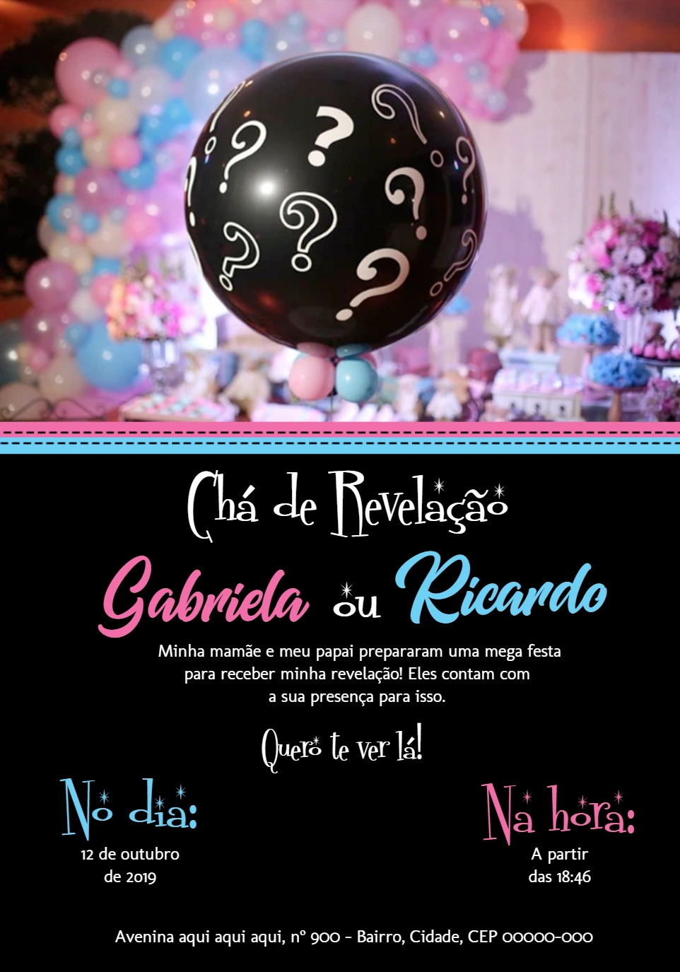Convite Chá Revelação com Balão de Interrogação para Editar