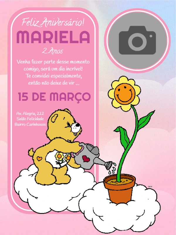 Convite de Aniversário Ursinhos Carinhosos com Foto para Editar