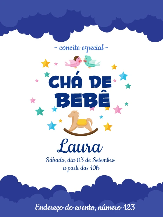 Convite Chá de Bebê Azul com Estrelinhas para Editar Online