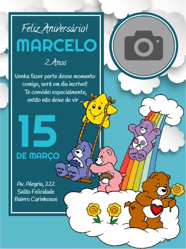 Convite Aniversário Ursinhos Carinhosos com Foto para Editar