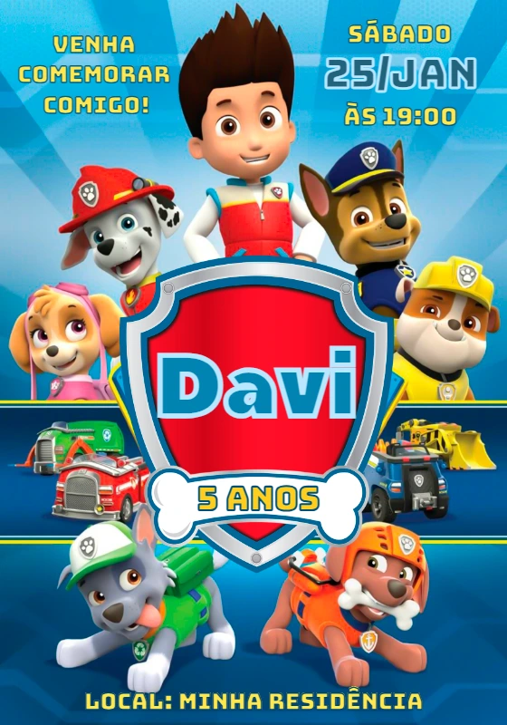 Convite Aniversário Patrulha Canina com Personagens para Editar