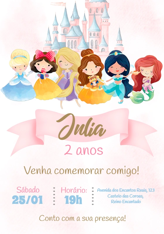 Convite Aniversário Princesas Disney para Editar Online