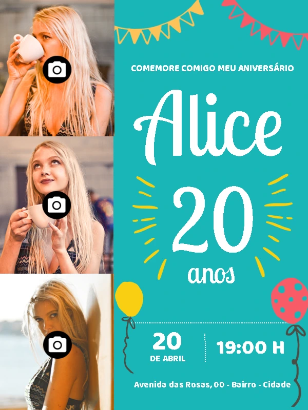 Convite de Aniversário Feminino com 3 Fotos para Editar Online