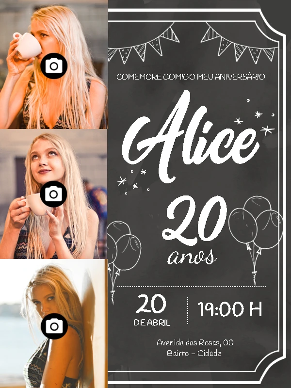 Convite de Aniversário com Foto Estilo Lousa para Editar Online