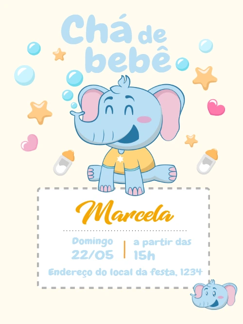 Convite Chá de Bebê Elefantinho Azul para Editar Online