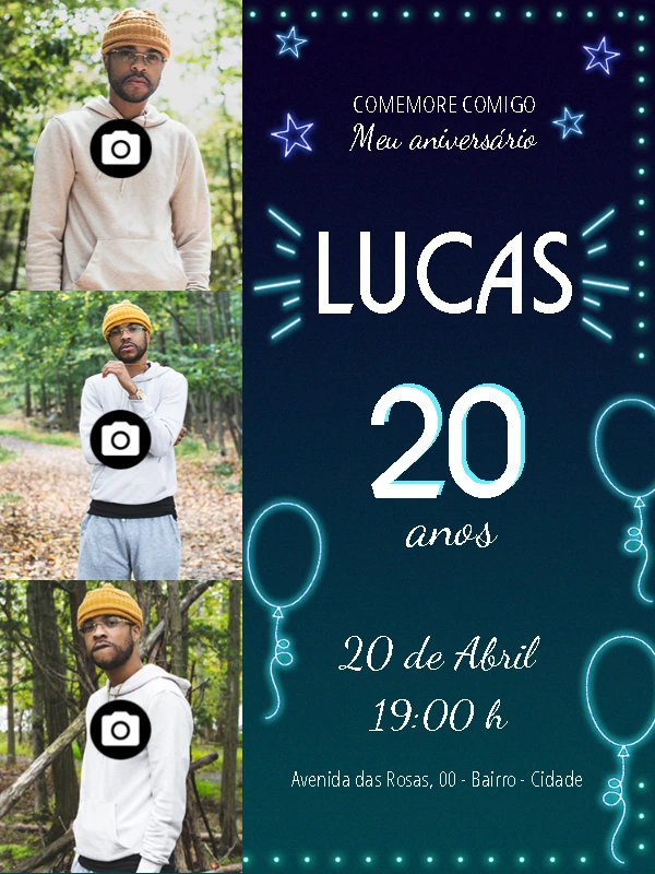 Convite de Aniversário Neon com Fotos para Editar Online
