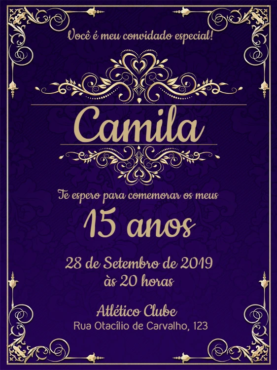 Convite 15 Anos Roxo e Dourado Elegante para Editar Online