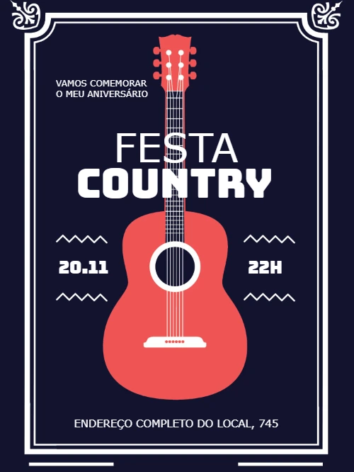 Convite de Aniversário Country com Violão para Editar Online