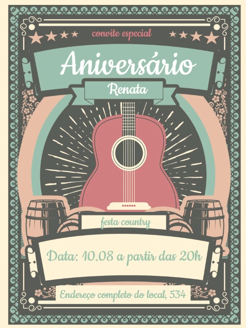 Convite de Aniversário Country com Violão para Editar Online