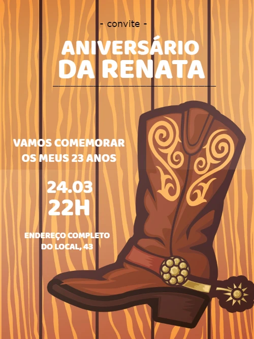 Convite de Aniversário Country com Bota para Editar Online