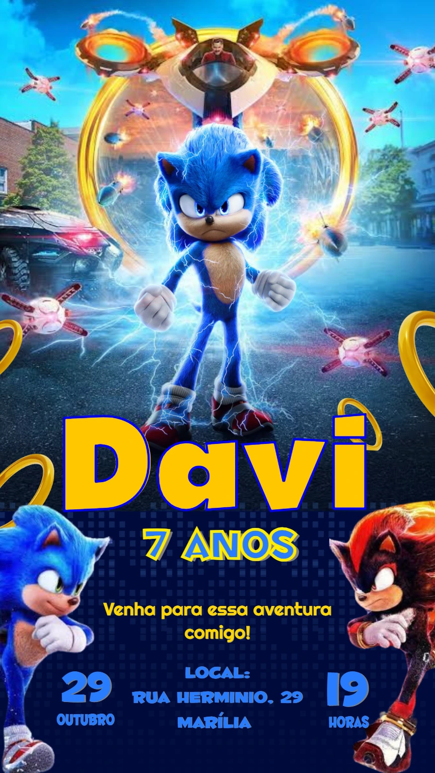 Convite de Aniversário Sonic 3 com Shadow para Editar Online
