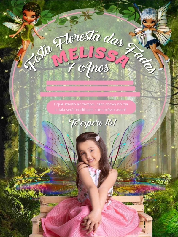 Convite Aniversário Floresta das Fadas com Foto para Editar