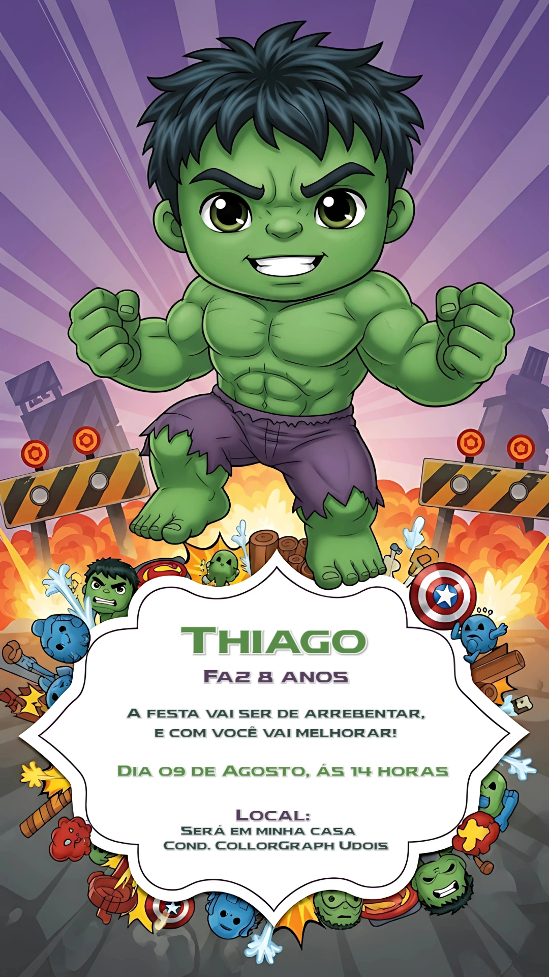Convite de Aniversário Hulk para Editar e Imprimir Online