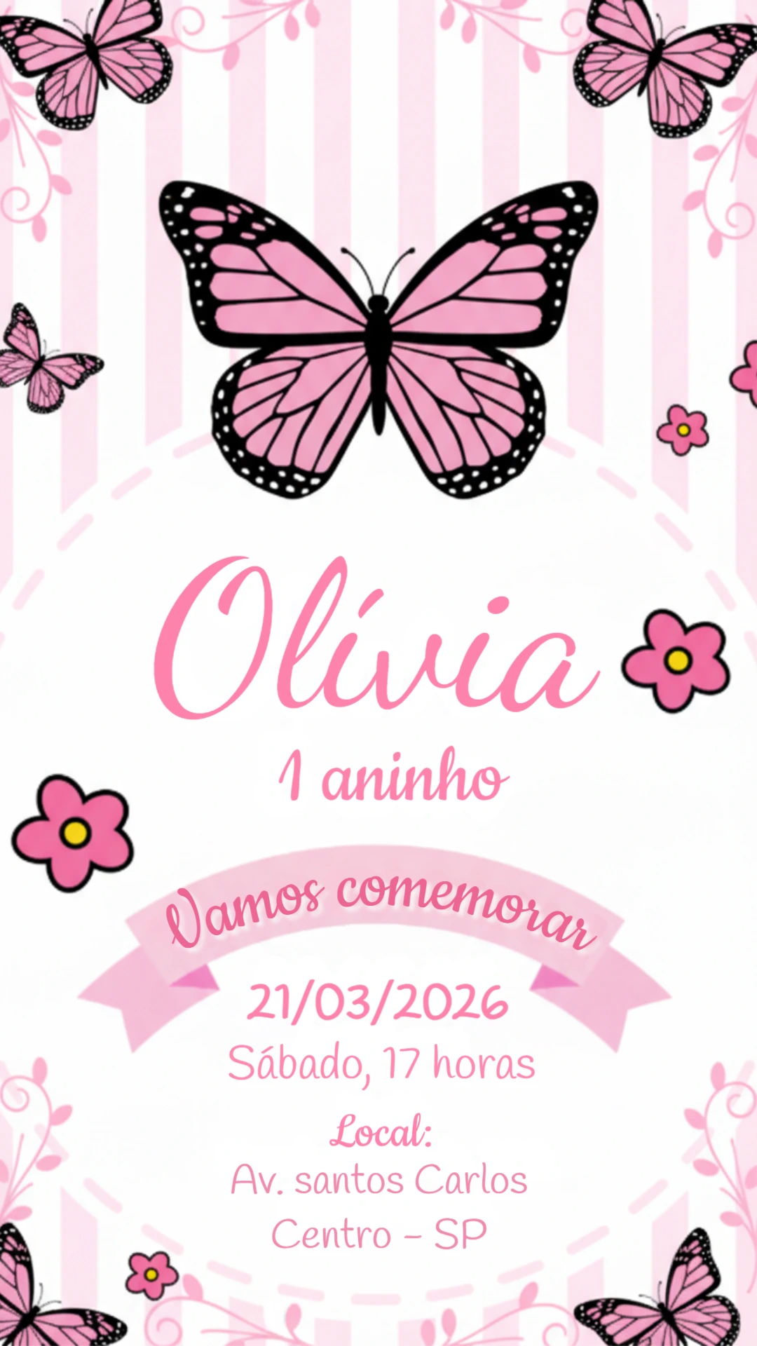 Convite de Aniversário Borboletas Rosa Delicado para Editar