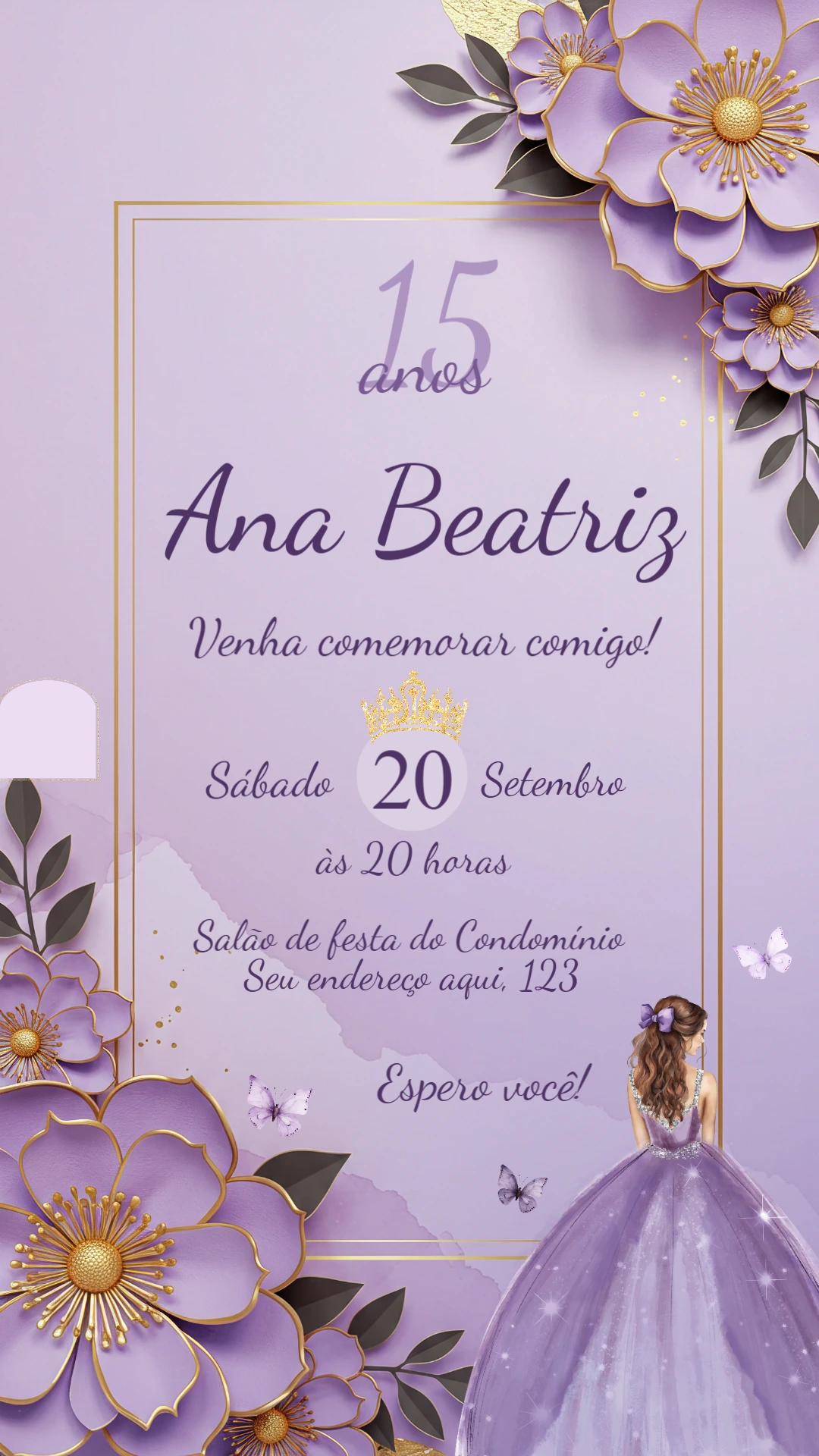 Convite 15 Anos Lilás Floral com Dourado para Editar Online
