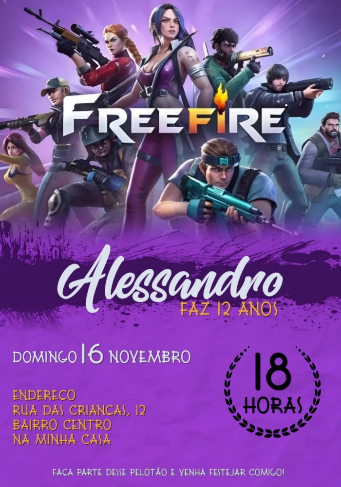 Convite de Aniversário Free Fire com Personagens para Editar