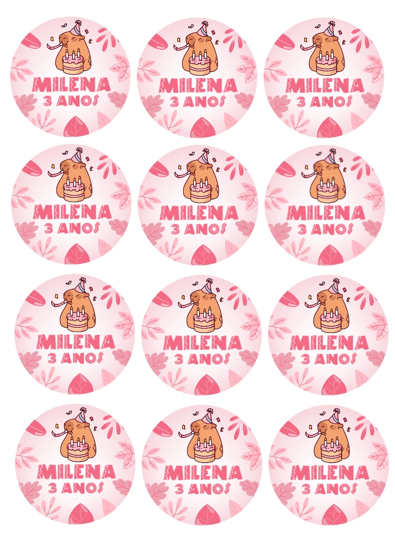 Adesivo de Aniversário Capivara Rosa para Editar Online