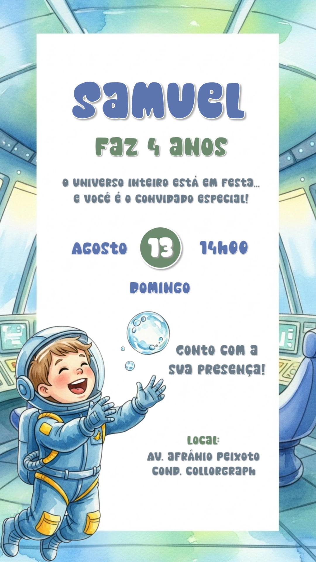 Convite de Aniversário Astronauta para Editar Online