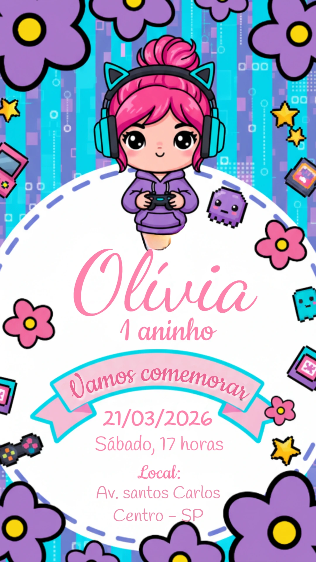 Convite de Aniversário Gamer Menina Roxo e Rosa para Editar