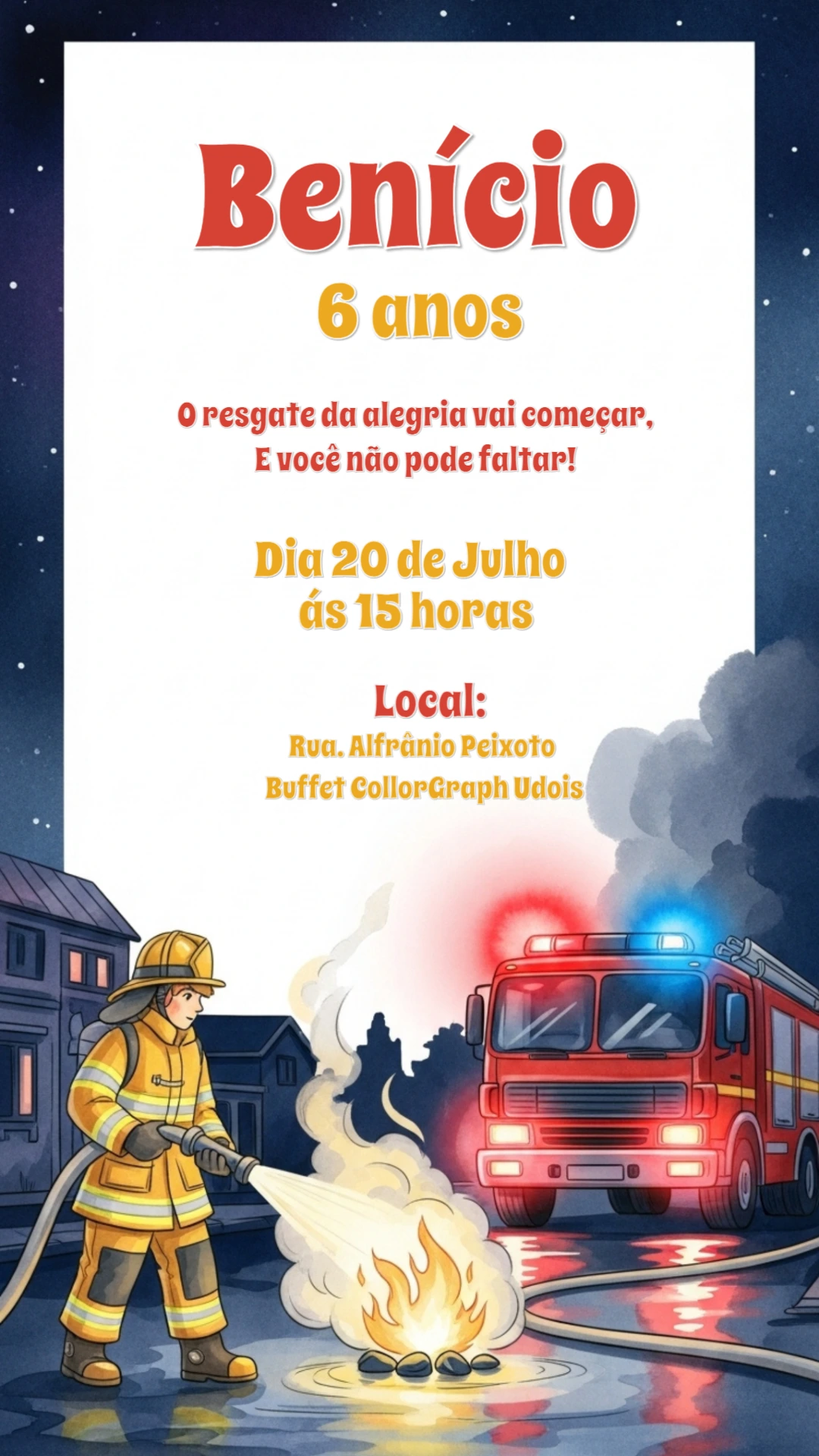 Convite de Aniversário Infantil Tema Bombeiro Editável