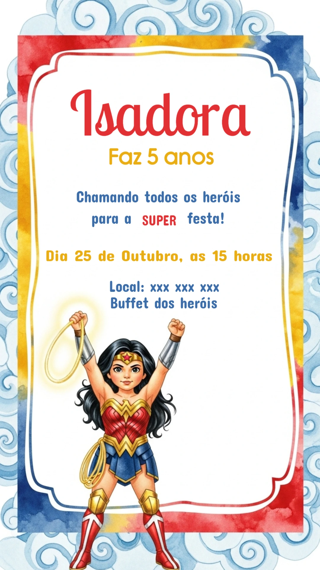 Convite de Aniversário Mulher Maravilha para Editar Online