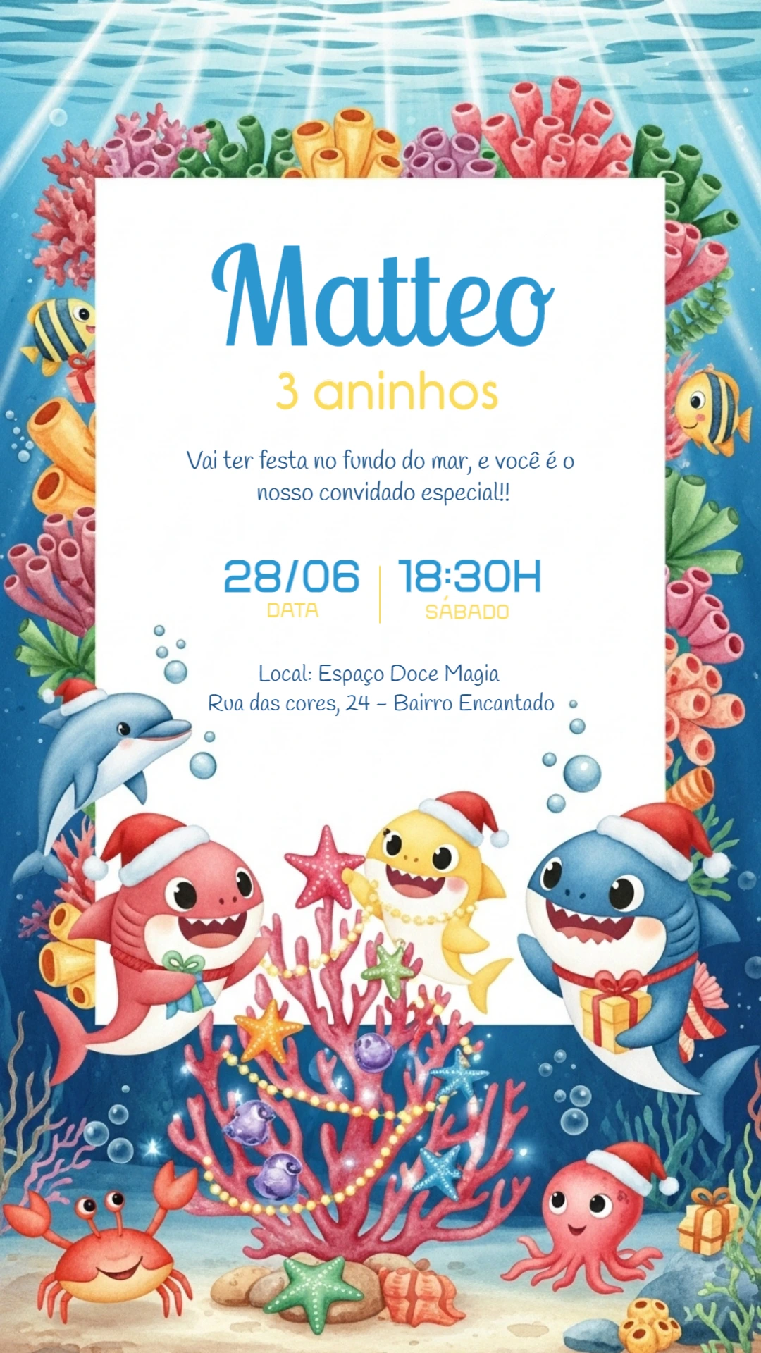 Convite Aniversário Baby Shark Natal para Editar Online