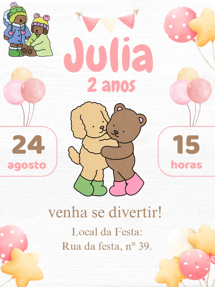 Convite de Aniversário Fofo com Ursinho e Cachorro para Editar